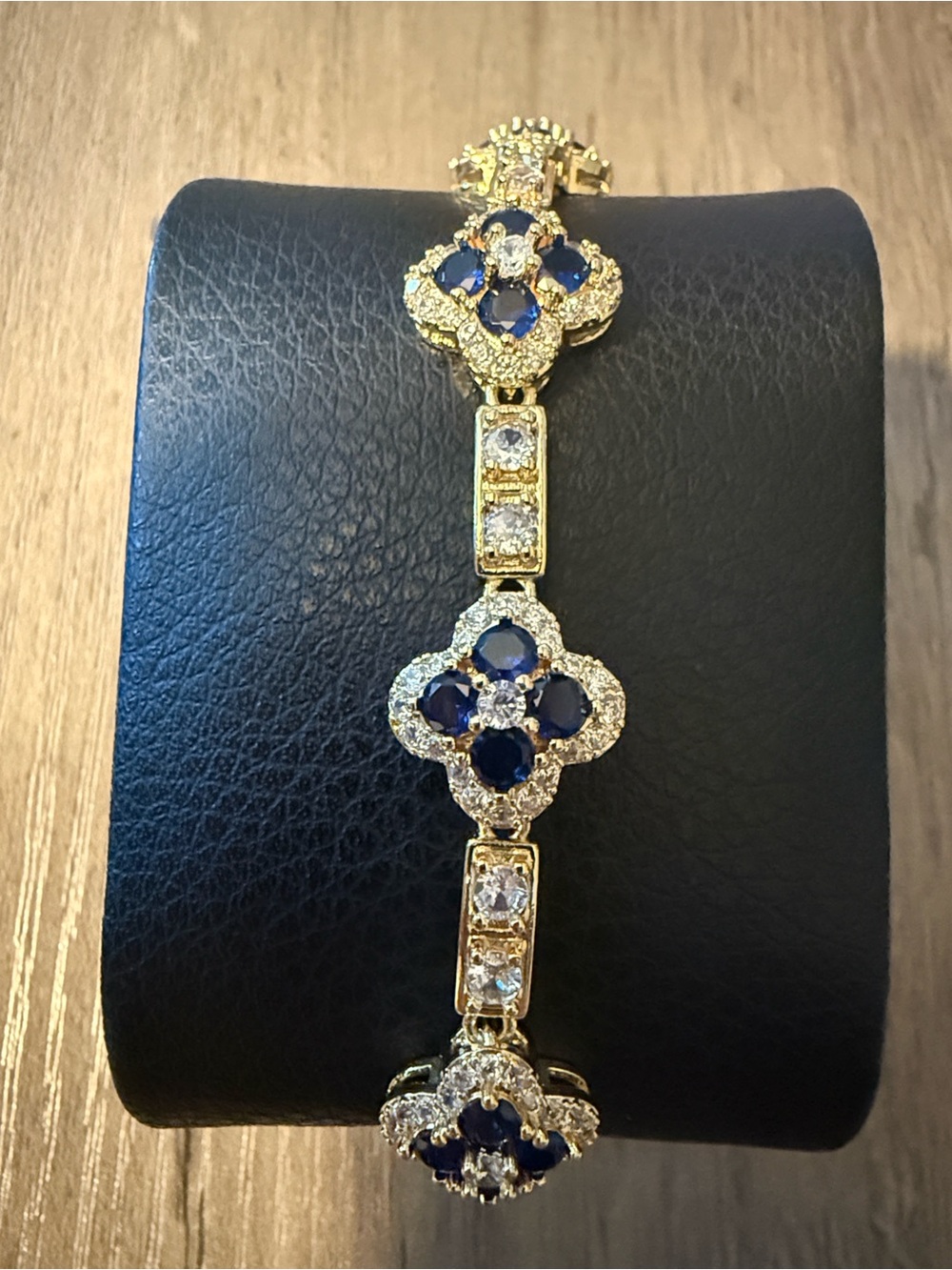 Gold Plated Clover Bracelet with Blue Crystal Clusters